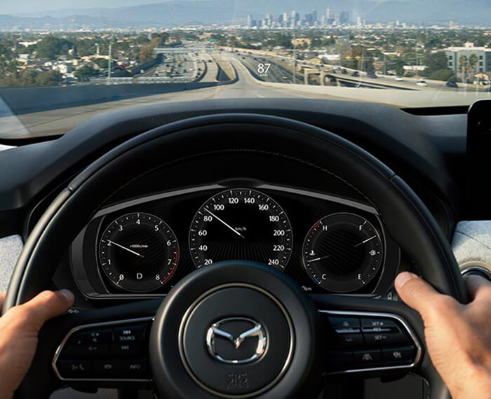 Drivers POV of hands on steering wheel inside a moving vehicle.  
