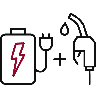 Illustration of battery with cable and plug attached, + gas nozzle.  